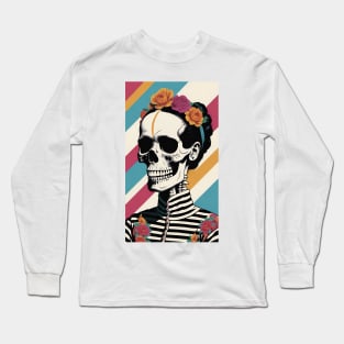 Frida's Striped Sugar Skull: Illustrated Tribute Long Sleeve T-Shirt